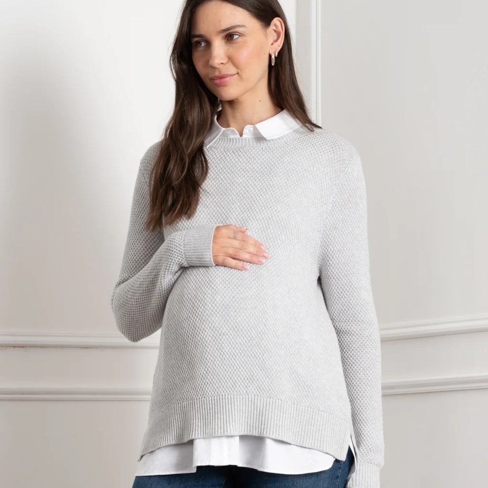 Gray sweater with removable white sleeveless button down shirt